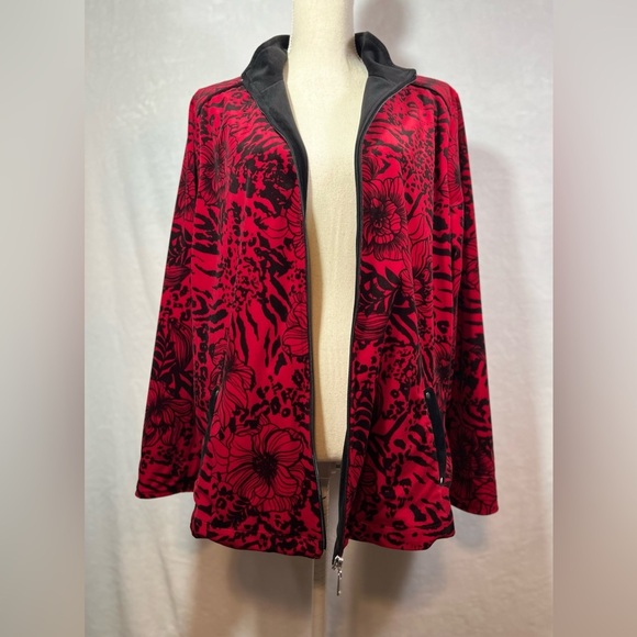Allison Daley Red & Black Floral/Animal Print Jacket Women’s Size L Zip Front - Picture 2 of 8